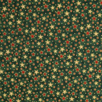 Baumwolldruck Sterne in Rot und Gold auf Grün mit Goldglitzeroptik